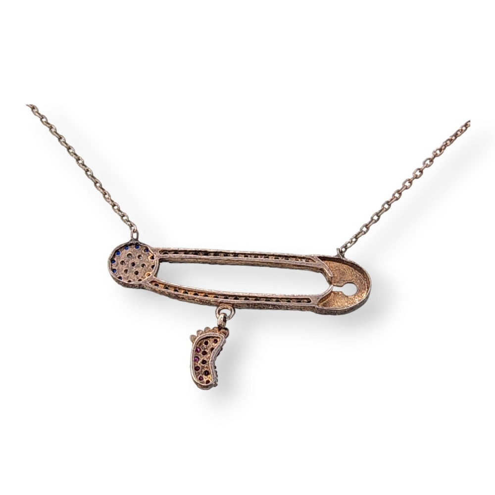 Unbranded Safety Pin Footprint Necklace 17.5in Rose Gold Vermeil Excellent Ruby - Picture 2 of 5